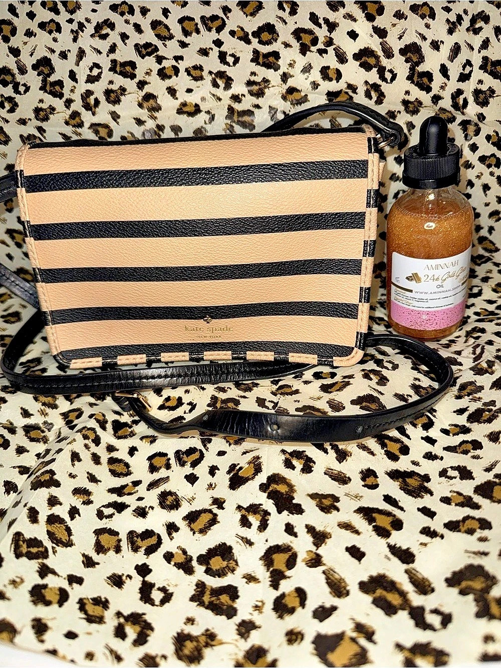 NWOT Kate Spade Hyde Lane blk& cream striped Renee crossbody & Aminnah 24k oil